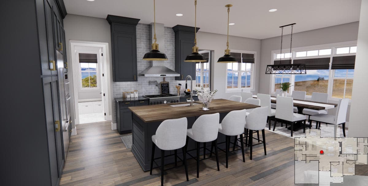 House plan rendering of an open concept kitchen and dining area with a central island, dark cabinetry, and large windows.