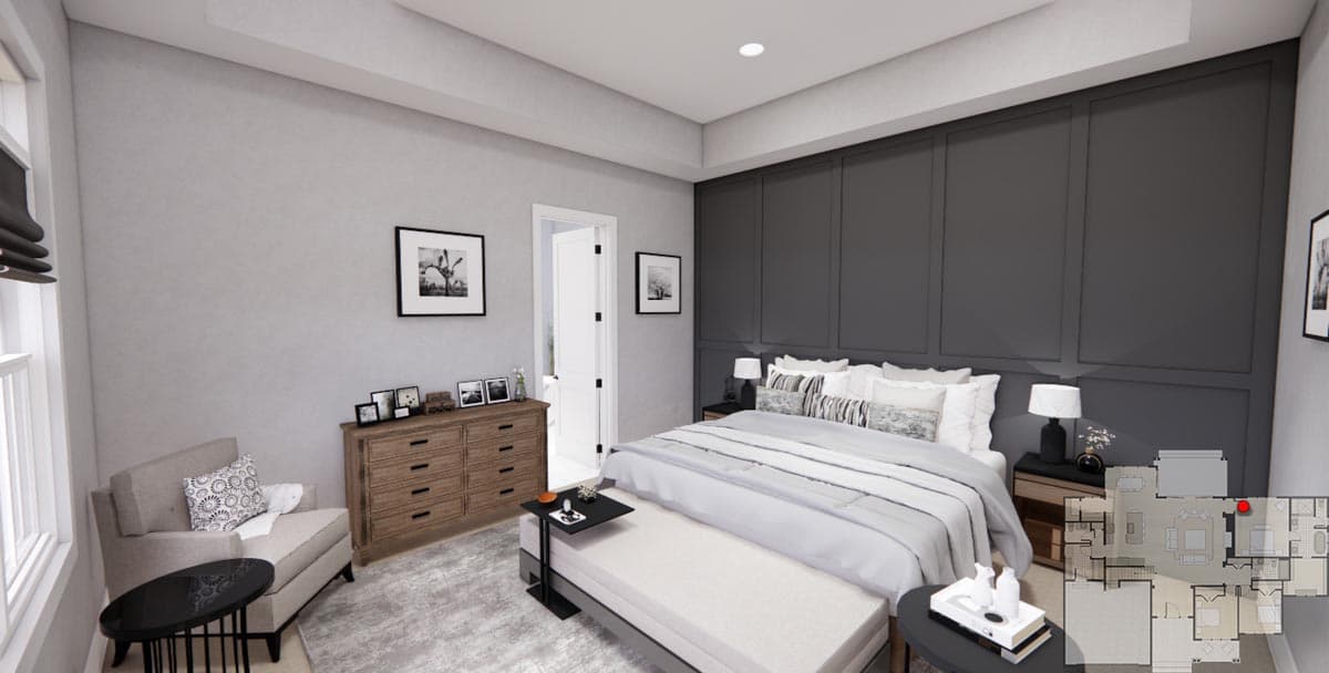 Primary bedroom rendering with wood dresser, accent wall, and seating area. Floor plan inset shows room location.