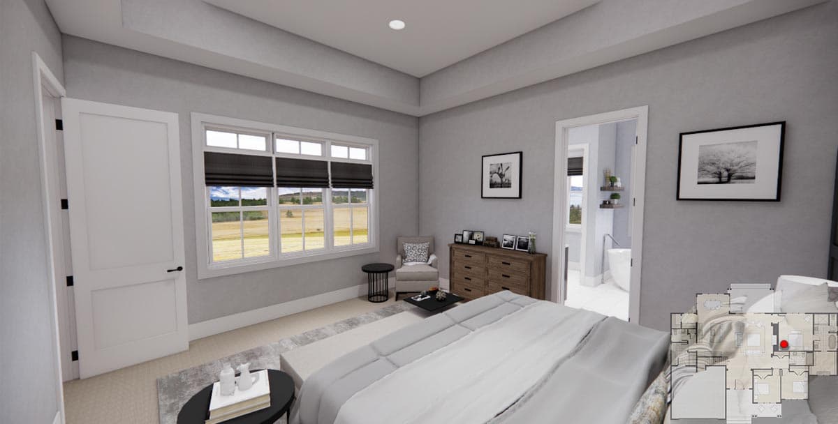 Primary bedroom rendering with tray ceiling, large window, and doorway to primary bath. Floor plan overlay visible.