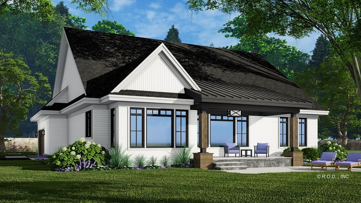 House plan exterior: One-story Modern Farmhouse with covered porch, gables, and numerous windows.