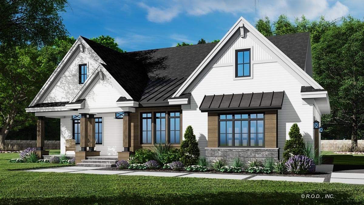 Modern Farmhouse house plan exterior with gabled dormers, metal roof accents, stone skirting, and a covered front porch with wood columns.