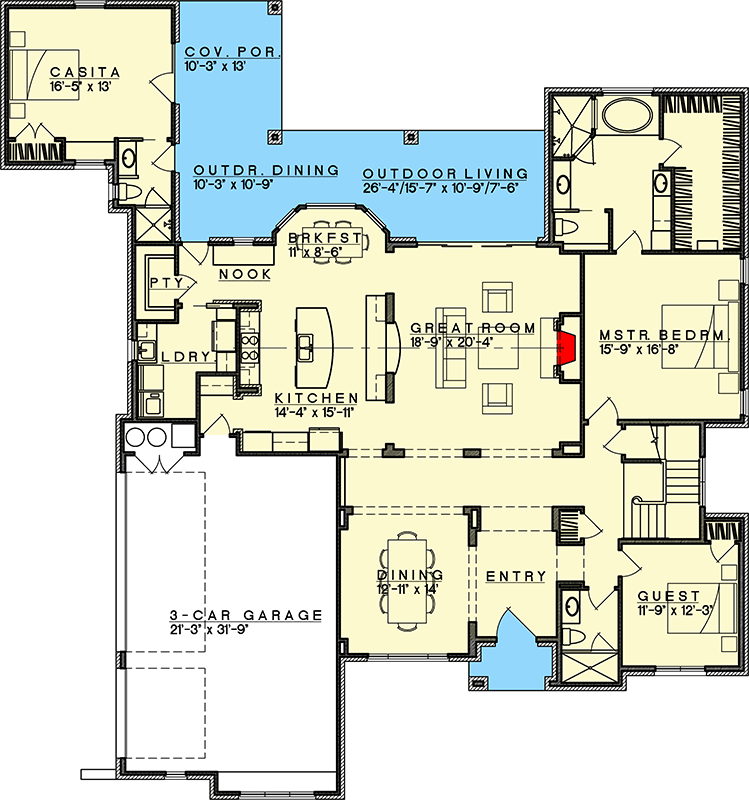 Plan 333021JHB: 5-Bed Modern Mediterranean Home Plan with Private Casita - Floor Plan - Main Level