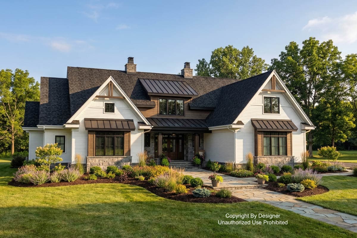A modern farmhouse with white siding, dark trim, and a black roof. Landscaping with stone path and lush greenery leads to the front door.