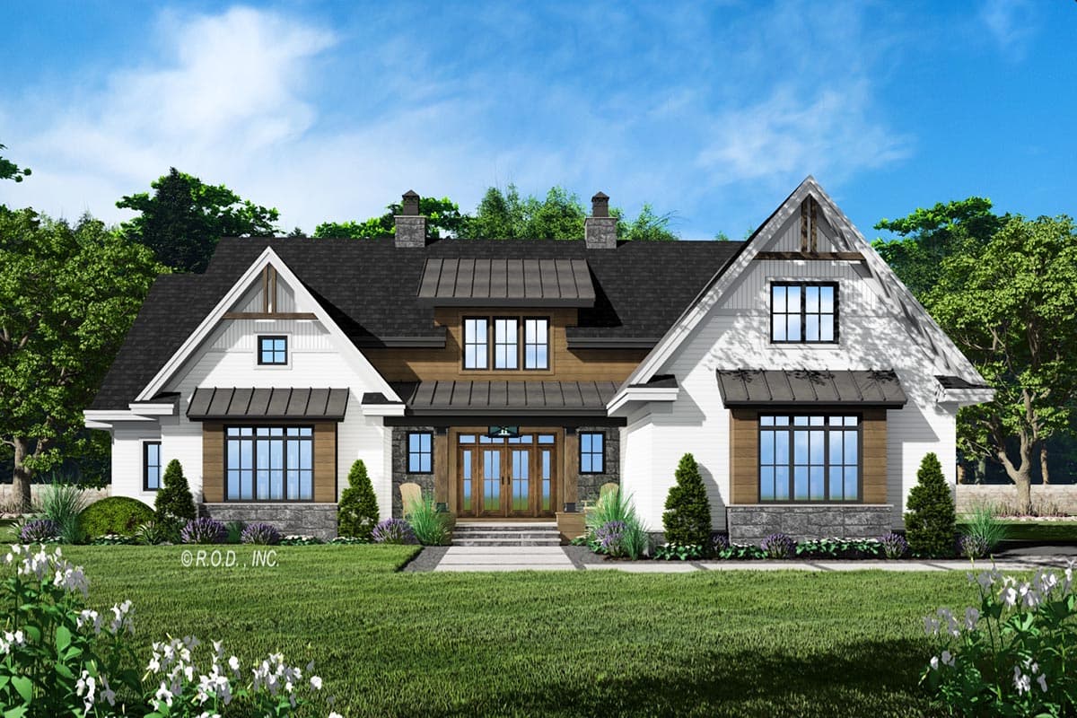 Modern Farmhouse house plan exterior with white siding, stone base, metal roof, dormers, and gables.