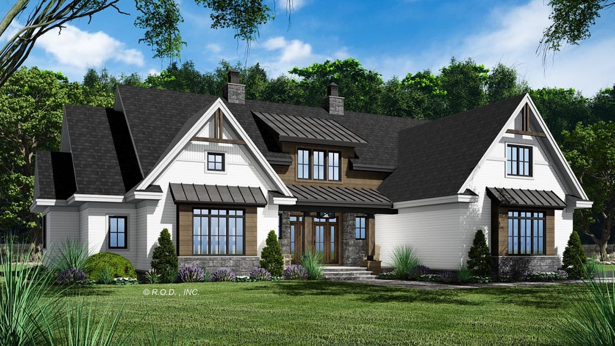 Modern Farmhouse house plan exterior with multiple gables, stone accents, double front doors, and prominent rooflines.