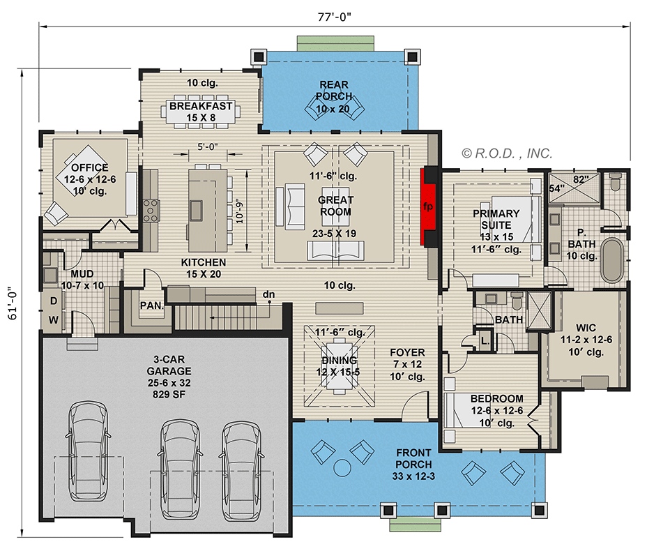 Plan 14754RK: 2600 Square Foot Rustic Traditional House Plan with 10-Foot-Deep Rear Porch - Floor Plan - Main Level - Cottage, Country, New American, Rustic, Traditional