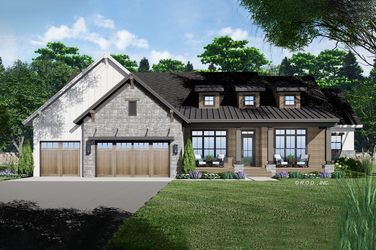 House plan exterior featuring a two-story Craftsman design with dormers, a covered porch, stone facade, and attached garage.