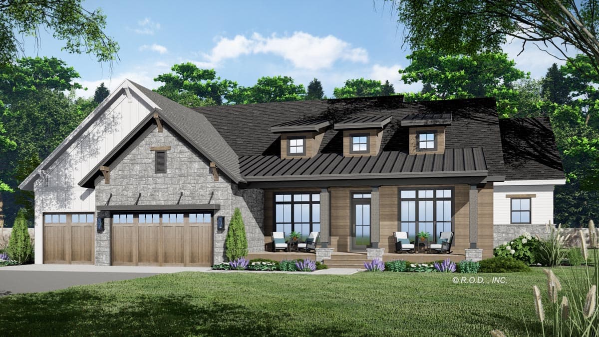 House plan exterior: Modern Farmhouse style, two stories, stone and board and batten siding, prominent gables, dormers, and a covered porch.