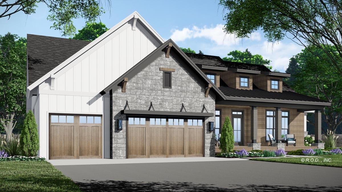 House plan exterior: Modern Farmhouse style, two-story, with stone and board-and-batten siding, a gable roof, and a detached garage.