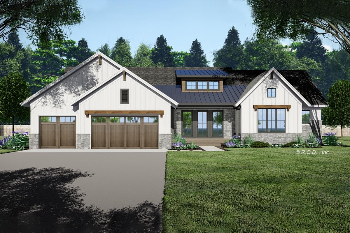Modern Farmhouse house plan exterior with a three-car garage, metal roof, stone accents, and board and batten siding.