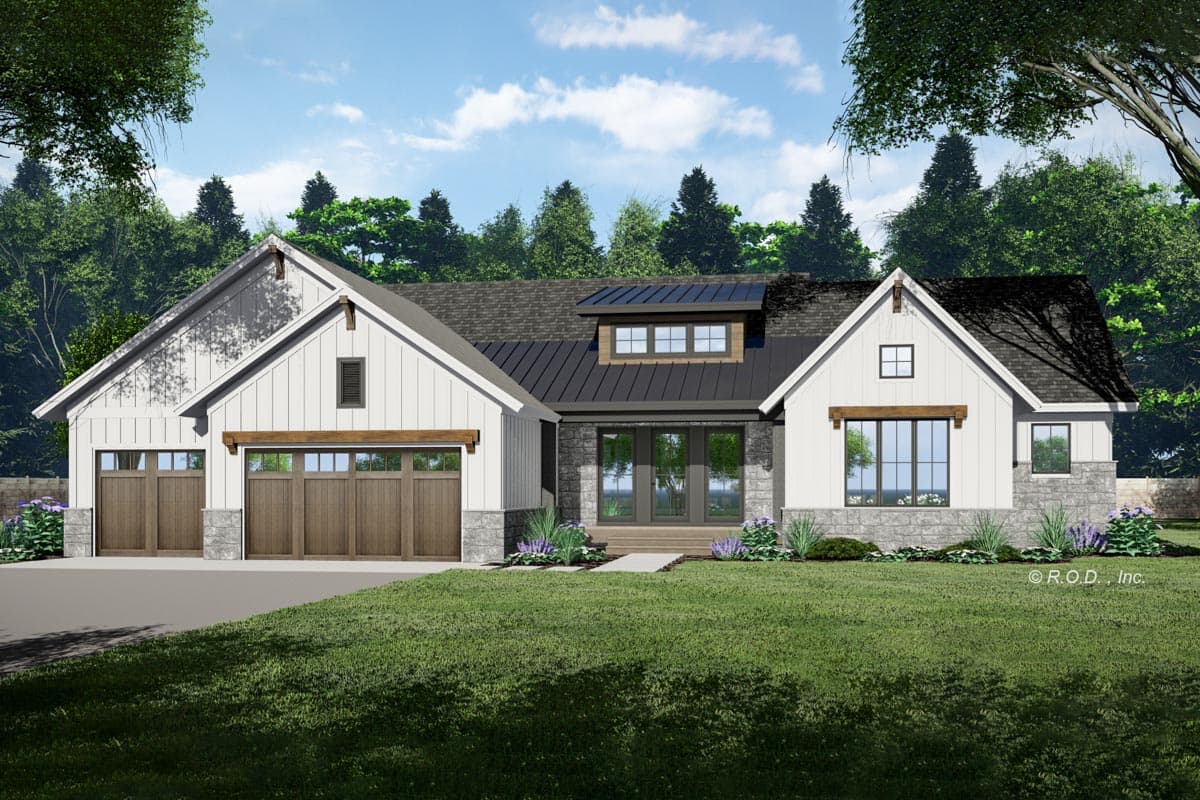 House plan exterior featuring a one-story, farmhouse-style design. Key features include gabled rooflines, a covered entry, and a three-car garage.