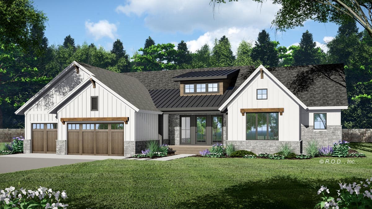 Modern Farmhouse house plan exterior with a 3-car garage, board and batten siding, stone accents, and a dormer.