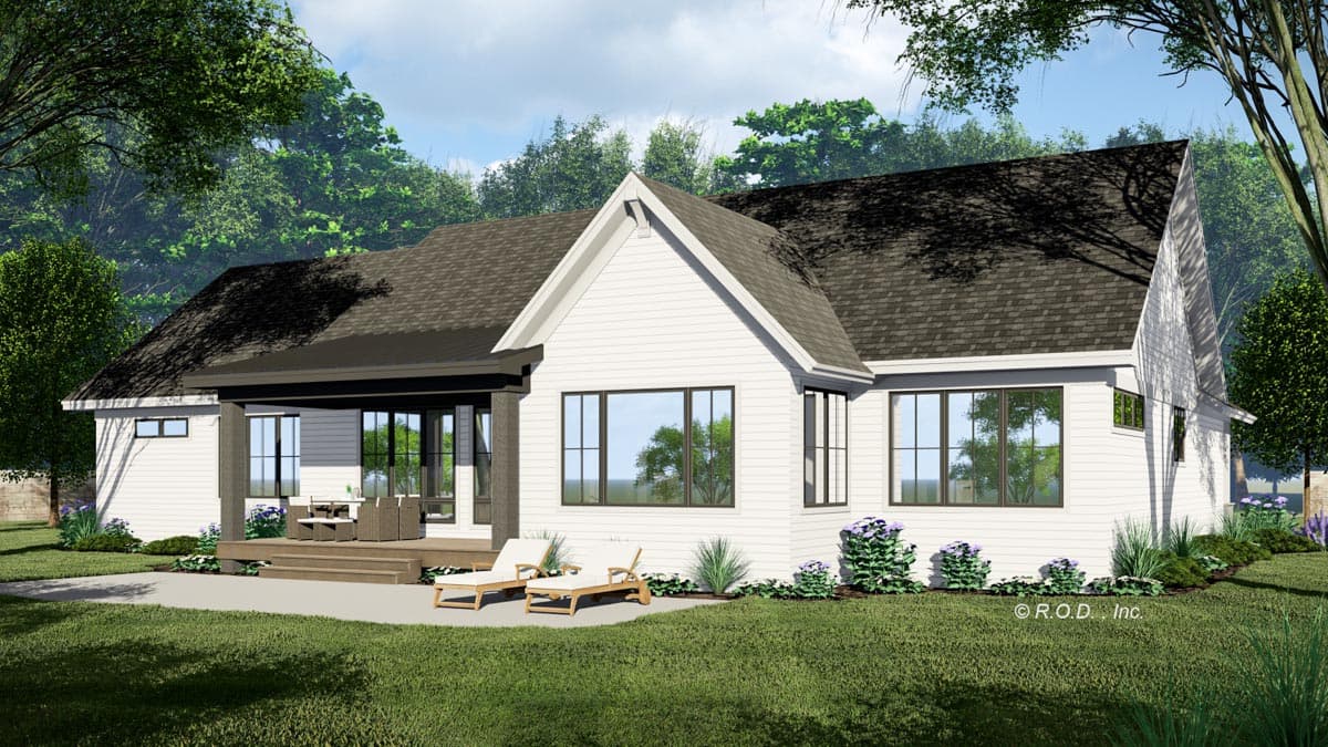 House plan exterior: White siding, gable roof, covered porch with seating, and large windows.