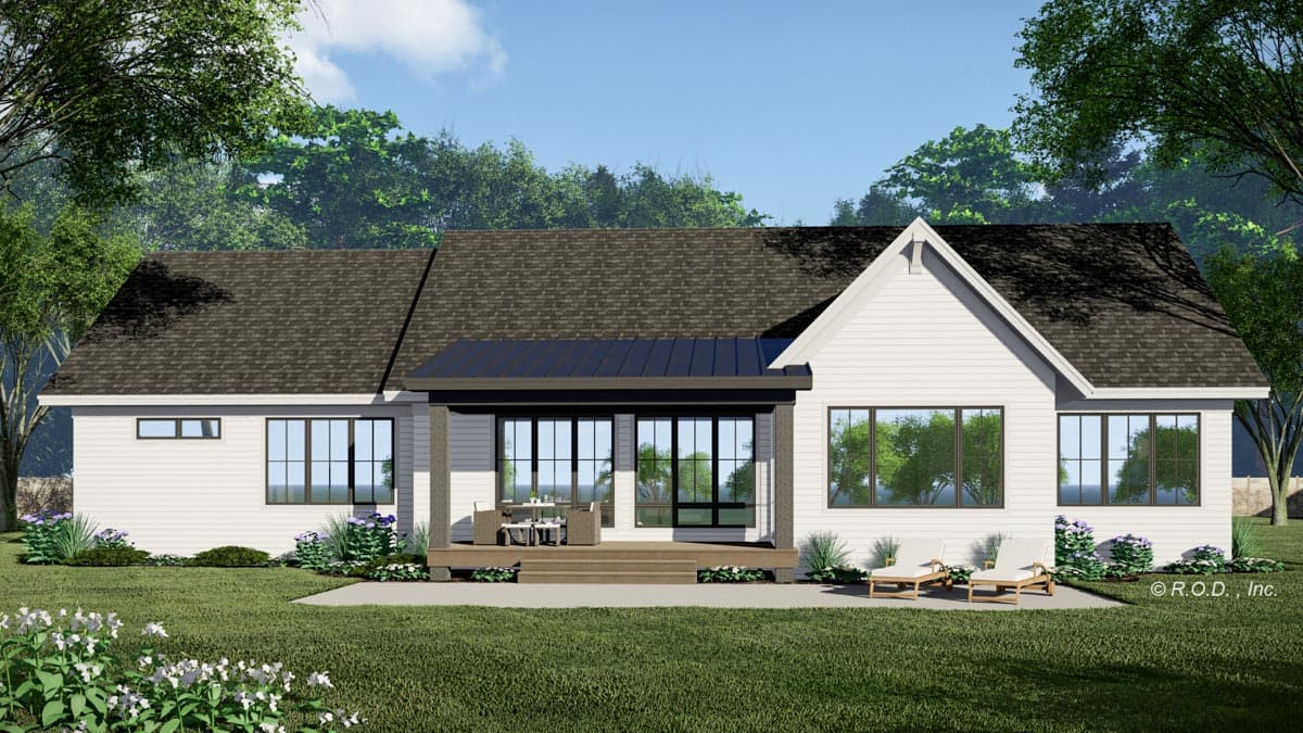 Modern Farmhouse house plan exterior, single story, featuring a covered porch with sliding glass doors and a prominent gable.