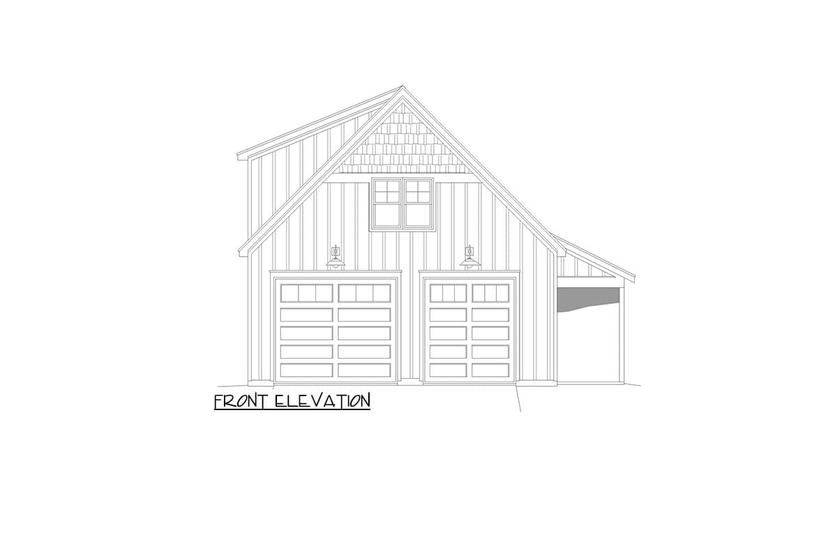 Front elevation of a house plan featuring board and batten siding, gable, two garage doors, and a dormer window.