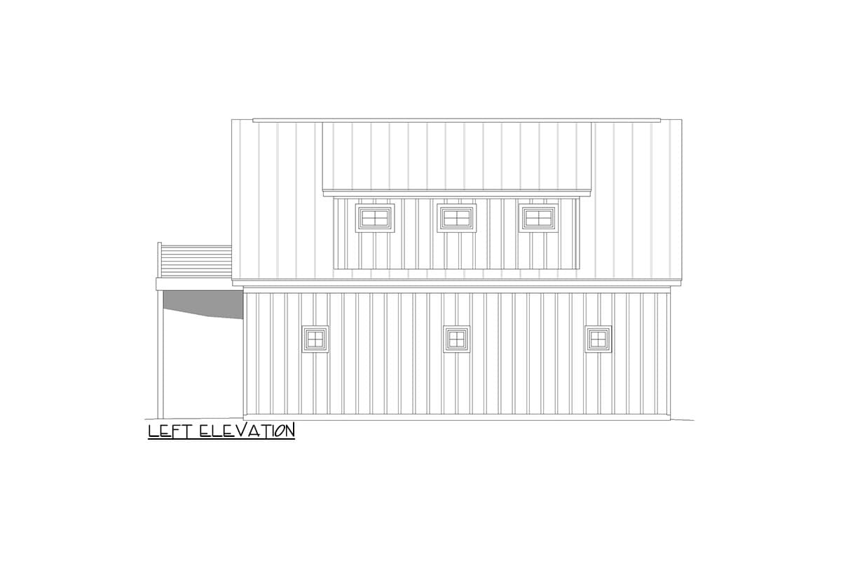 Left elevation of a two-story house plan with board and batten siding, multiple small windows, and a metal roof.