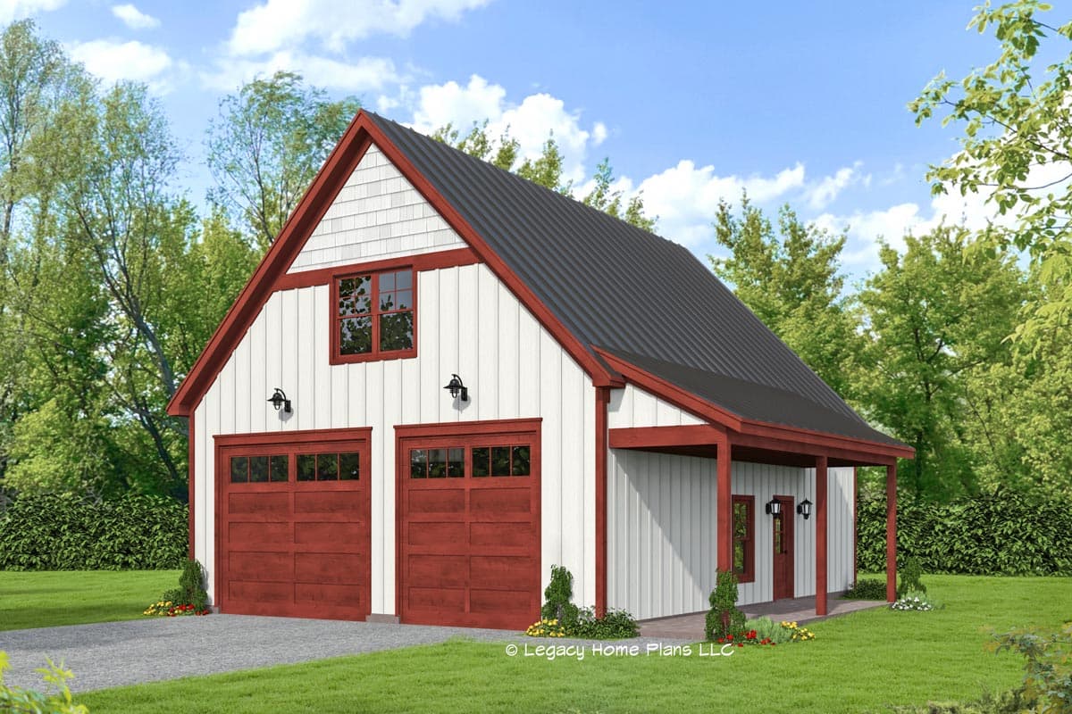House plan exterior with two-car garage. Features include a gable roof, covered porch, and board and batten siding.