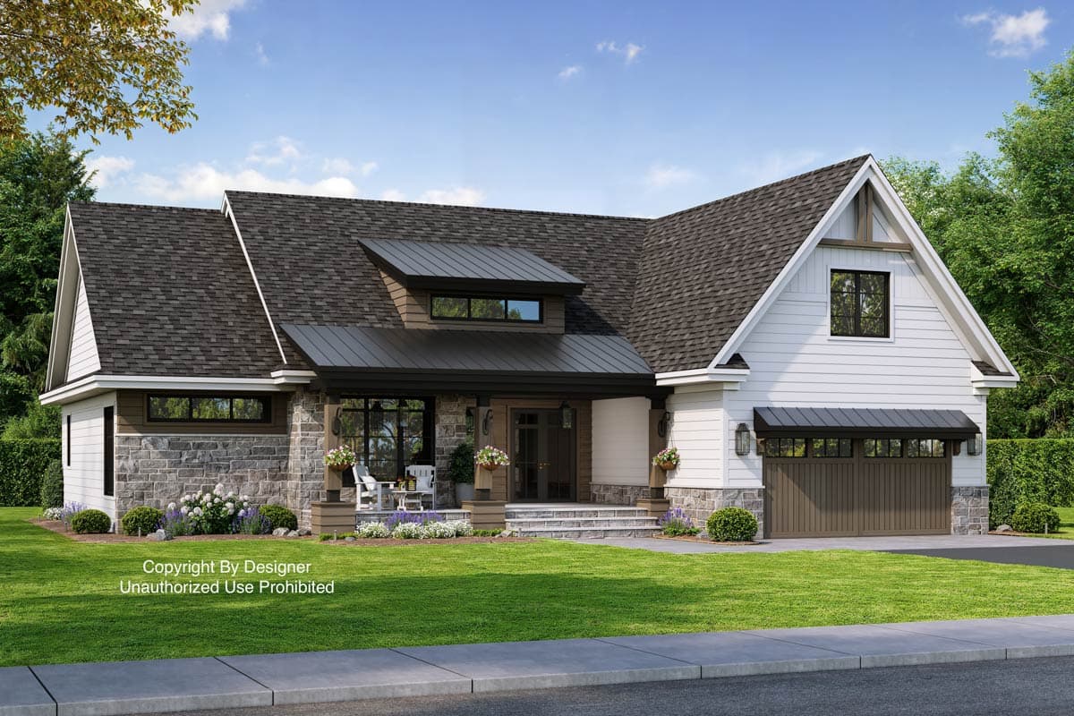 House plan exterior with stone and vinyl siding, gable dormer, covered porch, and attached garage.