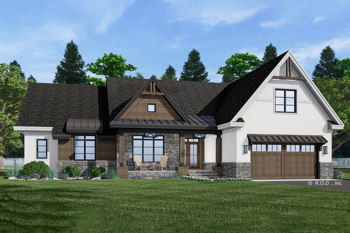 House plan exterior rendering of a one-story Modern Farmhouse with stone accents, covered front porch, and attached garage.