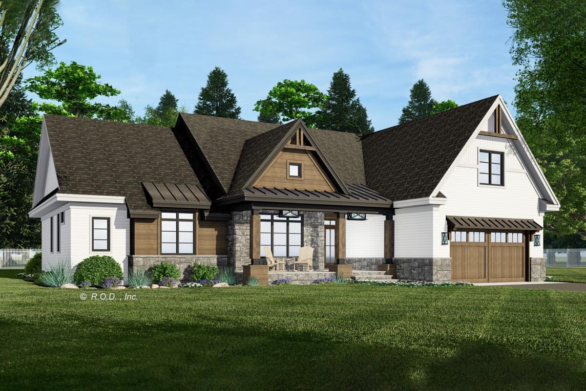House plan exterior, one story, Modern Farmhouse style, with covered entry porch, stone accents, and a two-car garage.