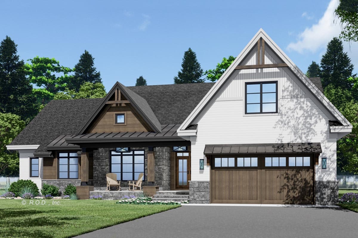 House plan exterior: Modern Farmhouse style, two stories, stone accents, covered front porch, and attached two-car garage.