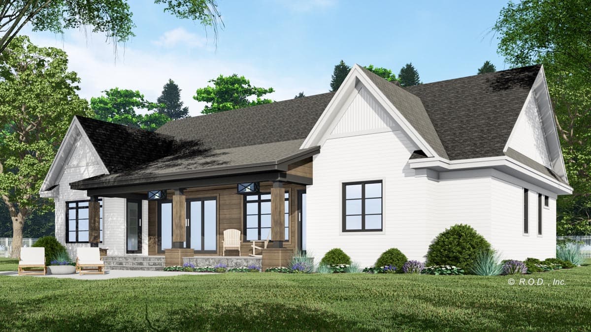 House plan exterior rendering of a single-story Modern Farmhouse with a covered porch, gables, and white siding.