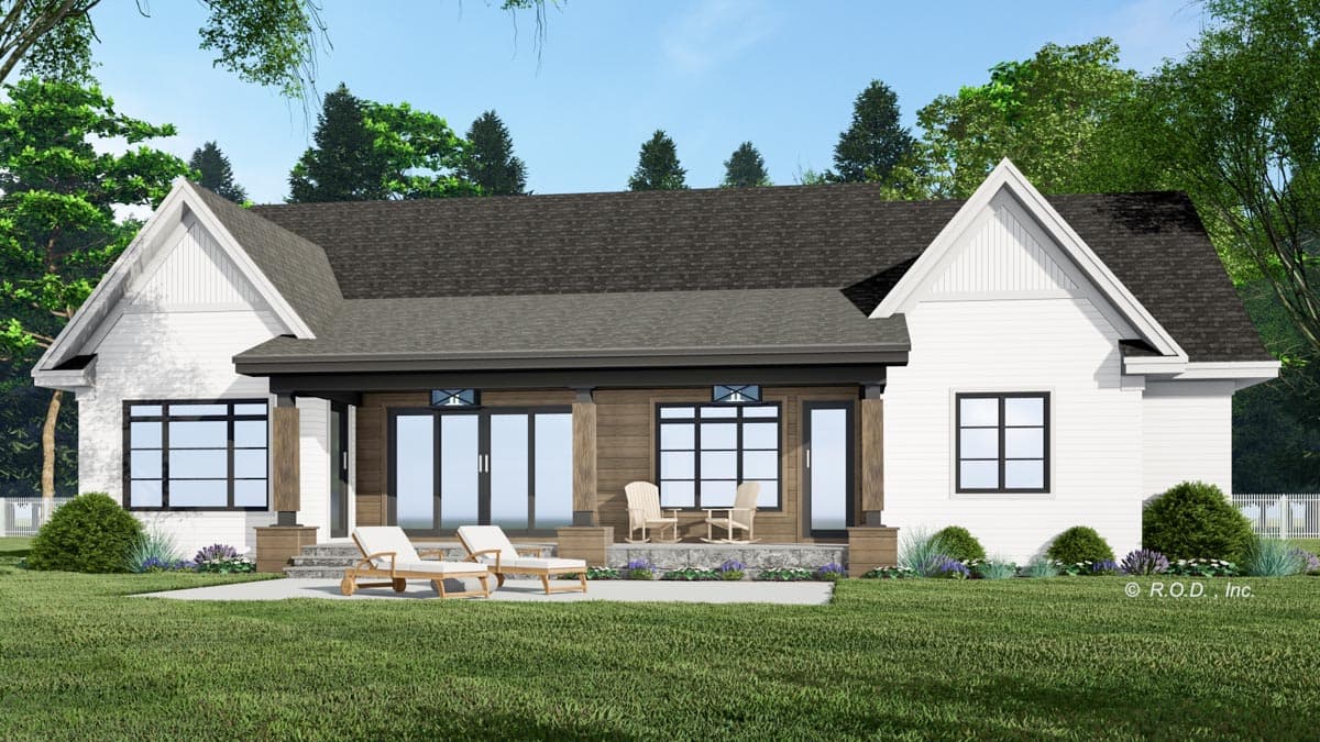 House plan exterior with gables, covered porch with wood posts, and large grid windows.