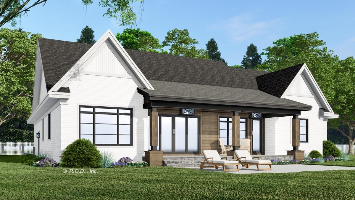 House plan exterior: Modern Farmhouse style, one story, white siding, gabled dormers, deep covered porch with wood pillars and double doors.