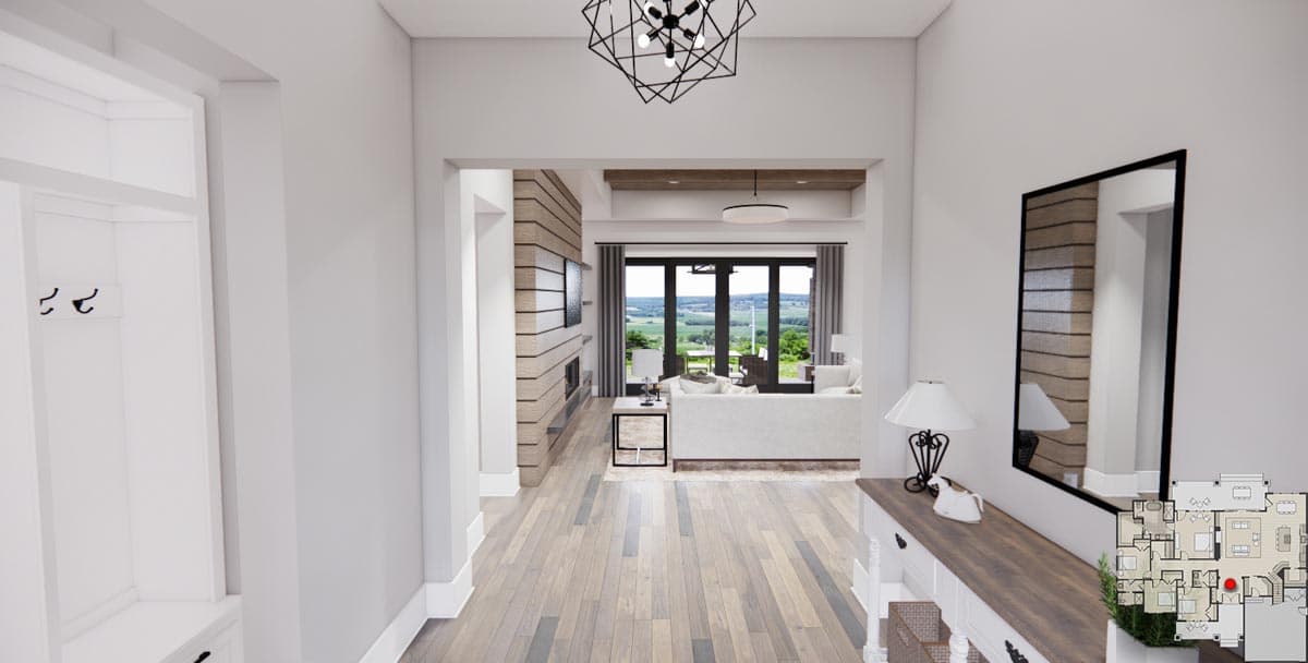 Interior rendering of a house entryway with a modern chandelier, console table, mirror, and view into a living area with fireplace and large windows.
