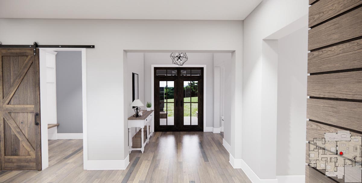 Interior rendering of a hallway with a barn door, console table, and double glass doors leading outside.