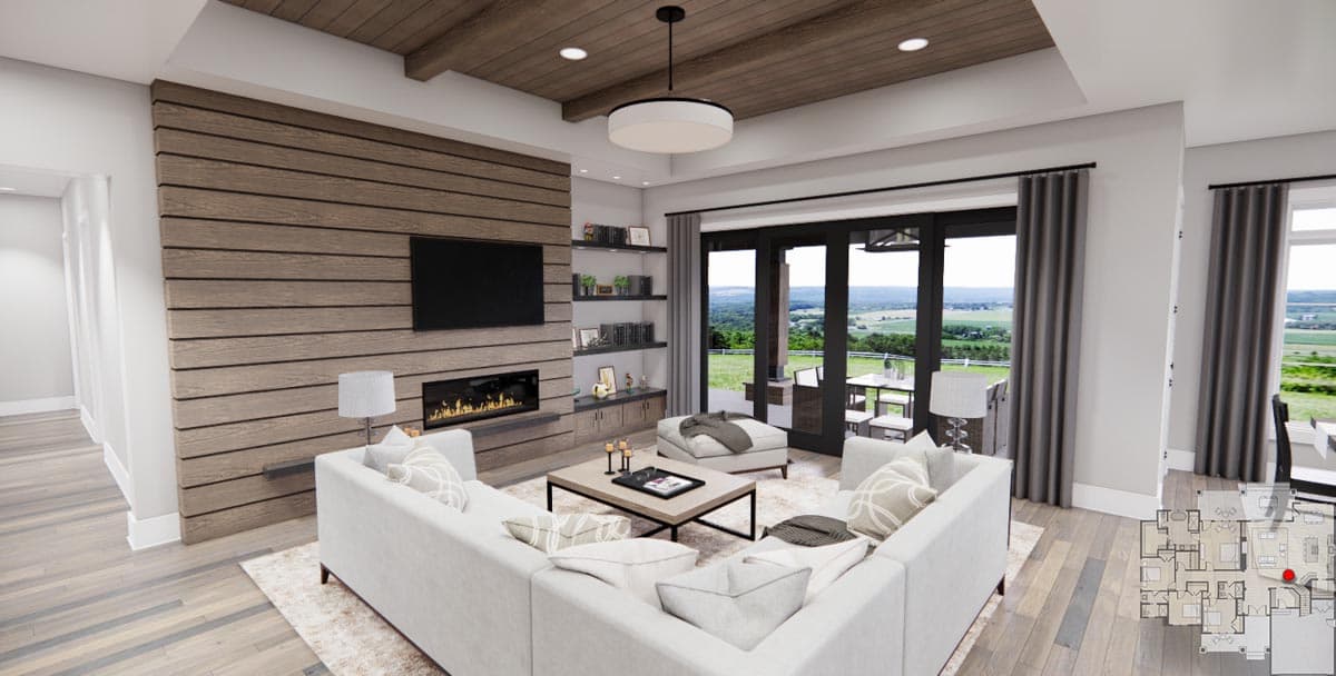 Interior rendering of a great room with a slatted wood accent wall, fireplace, sectional sofa, and large windows.