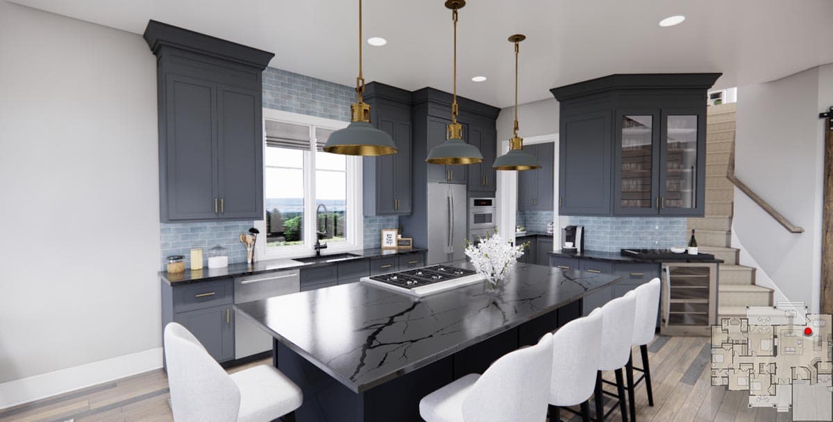 Kitchen with dark gray cabinetry, a large island with a gas range, and a staircase with a barn door.