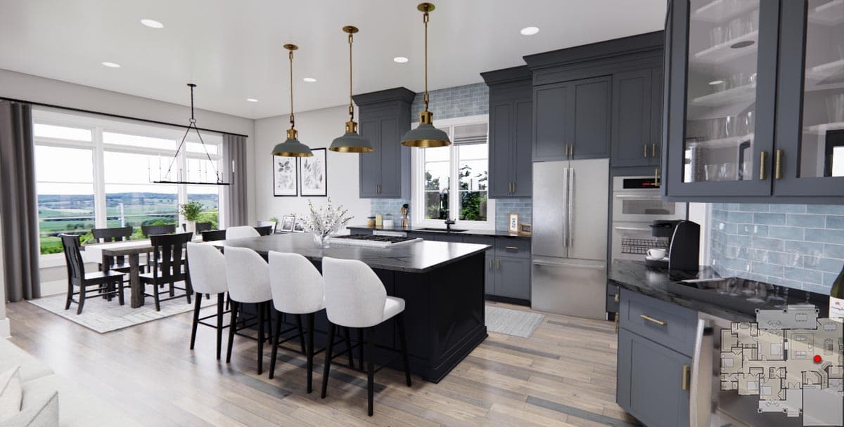 Open concept kitchen with large island, pendant lights, subway tile backsplash, and dining area with large windows.