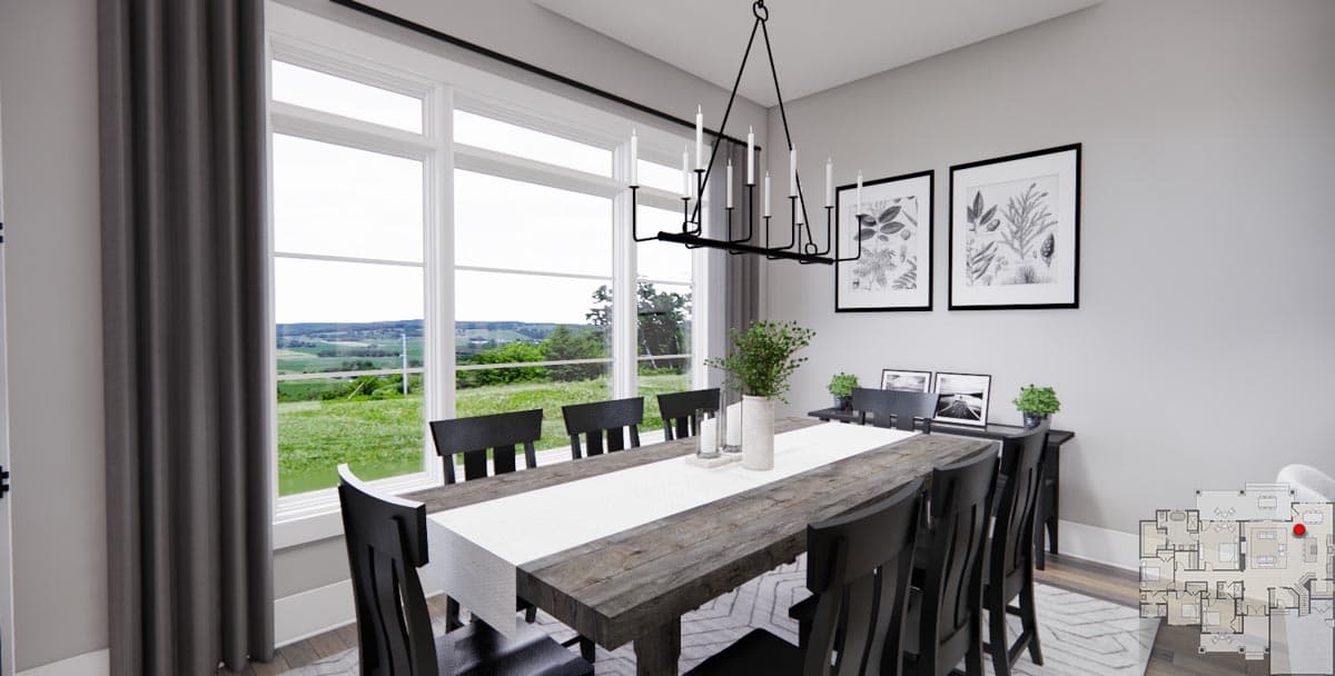 Dining room with large window, farmhouse table, and chandelier. Floor plan shown in corner.