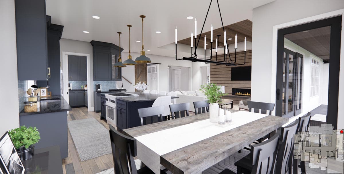 Open concept interior rendering showing a kitchen with island, dining area, and living room with fireplace.