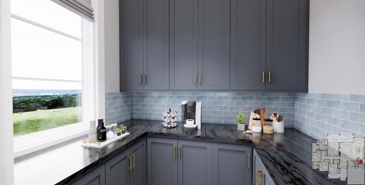 Kitchen with gray cabinets, subway tile backsplash, dark countertops, and large window with landscape view. Floor plan inset.