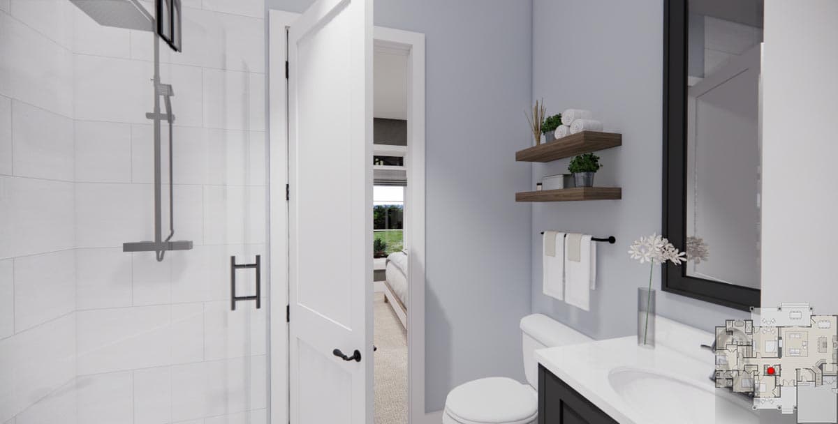 Bathroom rendering with tiled shower, vanity, toilet, and view into bedroom. Floor plan inset.