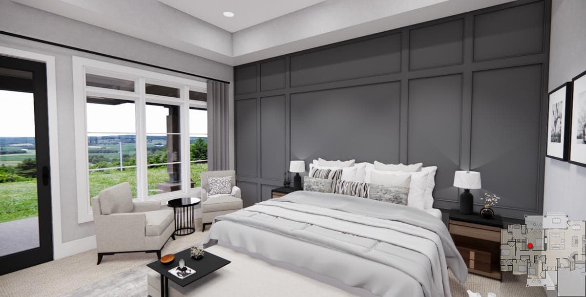 Primary suite rendering with large windows overlooking landscape, paneled accent wall behind bed, and seating area.