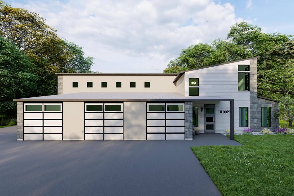 House plan exterior with modern design. Features include a side-entry garage, shed roof, stone accents, and a covered entry with address numbers.