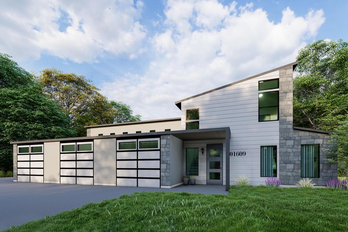 Modern house plan exterior with a prominent asymmetrical roofline, stone accents, and three-car garage with glass panel doors.