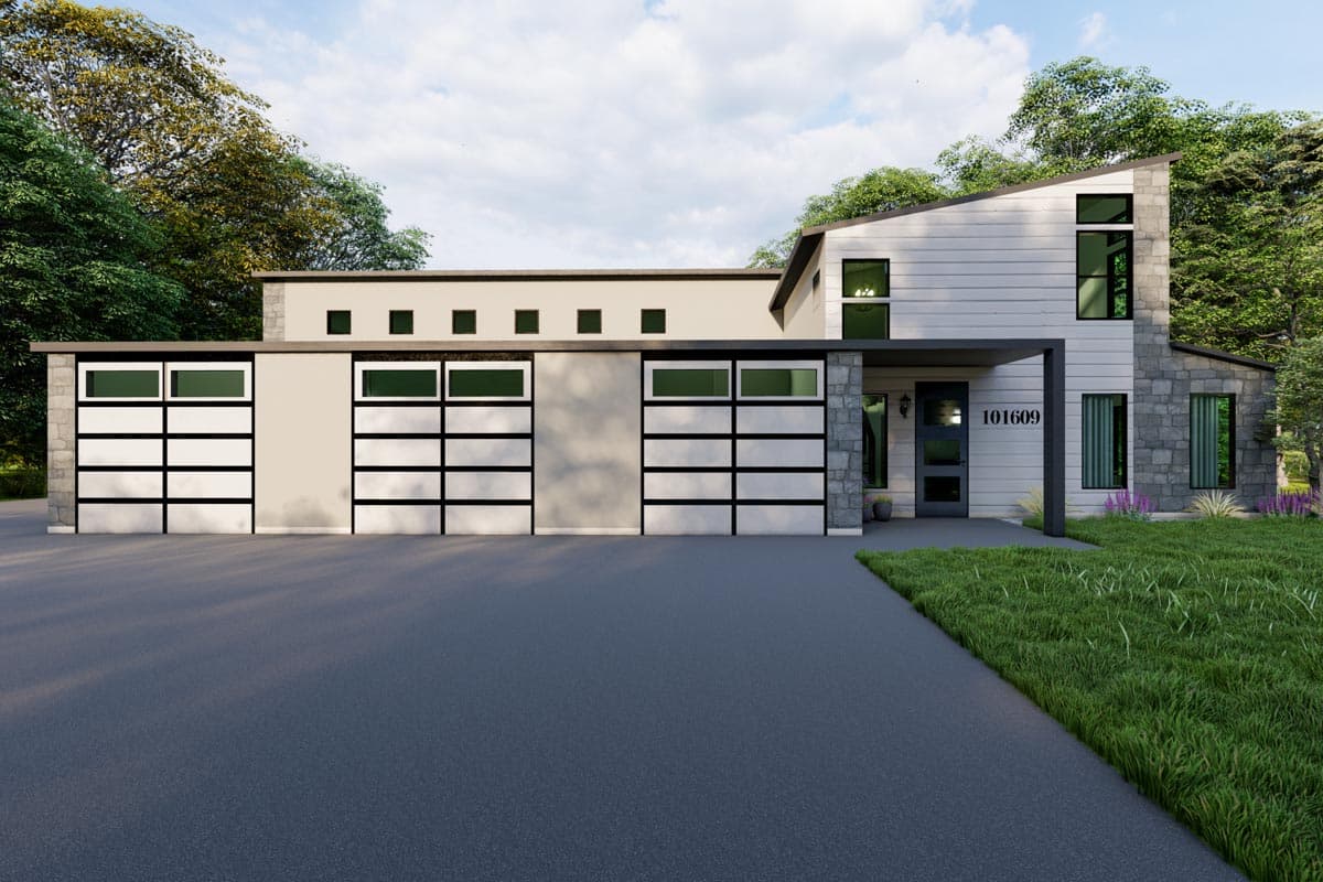 Modern house plan exterior with three-car garage, stone accents, horizontal siding, and asymmetrical roofline.