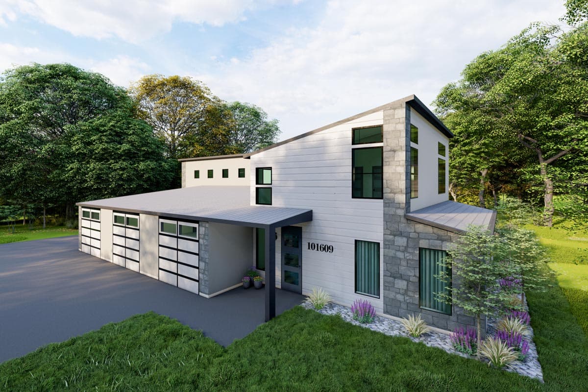 Modern house plan exterior with stone accents, multiple gables, asymmetrical roofline, and a three-car garage.