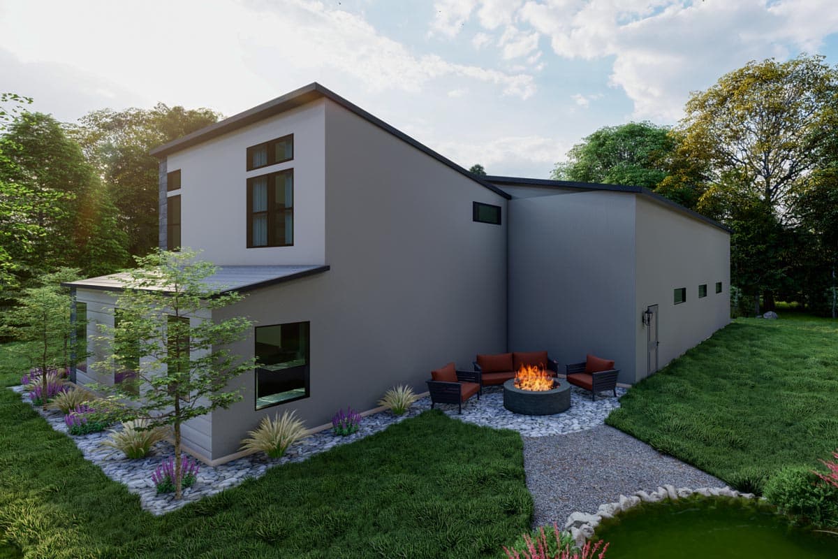 Modern house plan exterior with two stories, flat rooflines, multiple window types, and a covered porch.