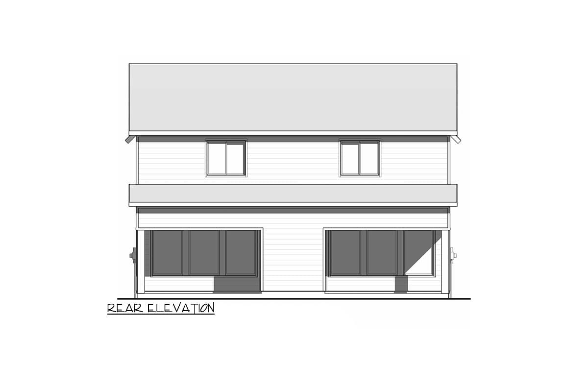 Rear elevation drawing of a two-story house with two upper windows and large lower windows.