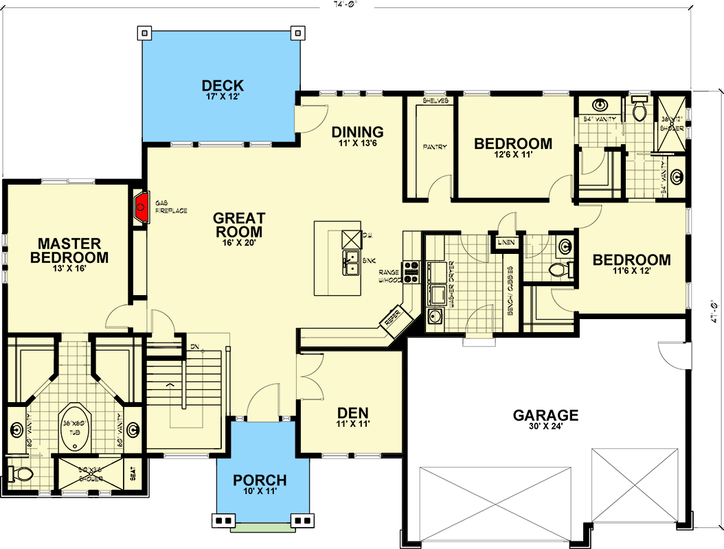Plan 267024SPK: Single-story Prairie Home Plan with Den and Private Master Suite - Floor Plan - Main Level - Contemporary, Prairie, Ranch