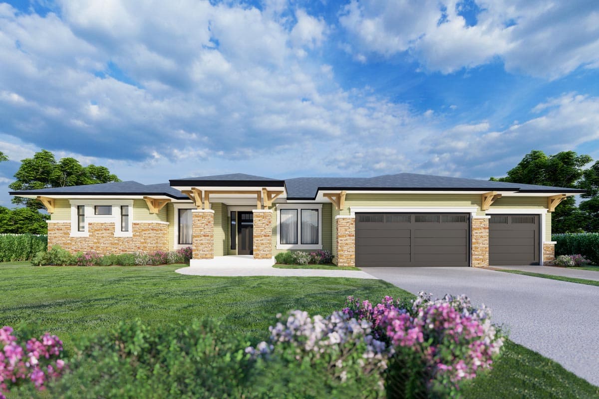 House plan exterior featuring a single-story modern design. Key features include a carport, stone accents, and a low-sloped roofline.