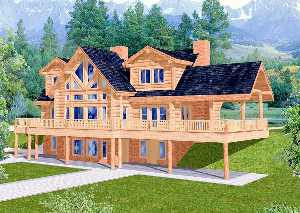 Log home exterior with multiple gables, large windows, wrap-around deck, and lower-level brickwork.