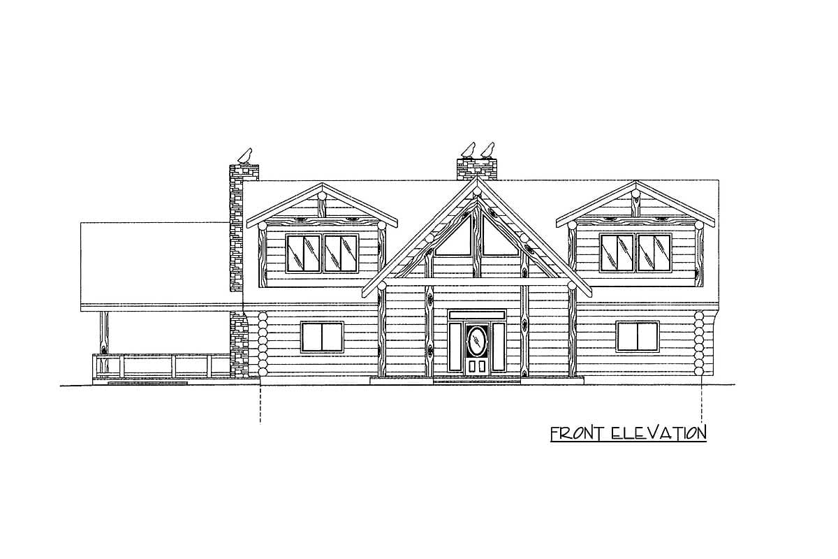 Front elevation drawing of a log house plan with a prominent gable, dormers, stone chimney, and covered porch.