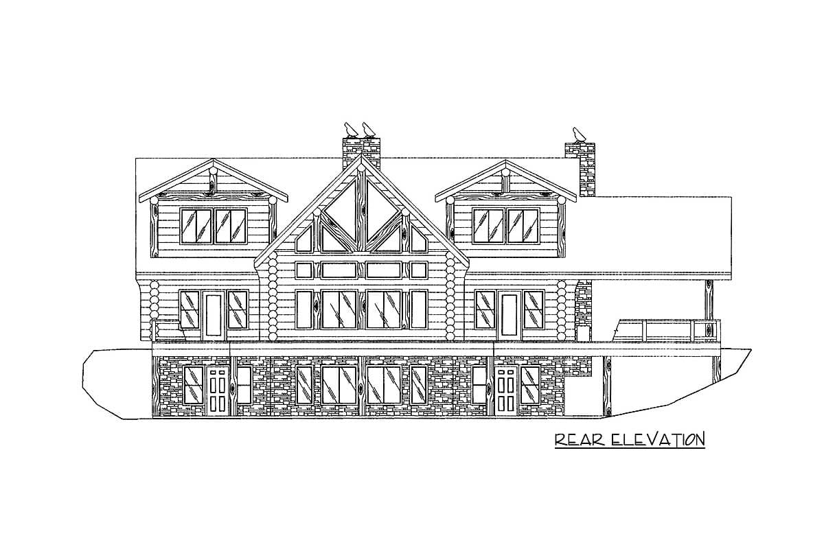 Rear elevation drawing of a two-story log house with dormers, multiple gables, stone foundation, and a covered porch.