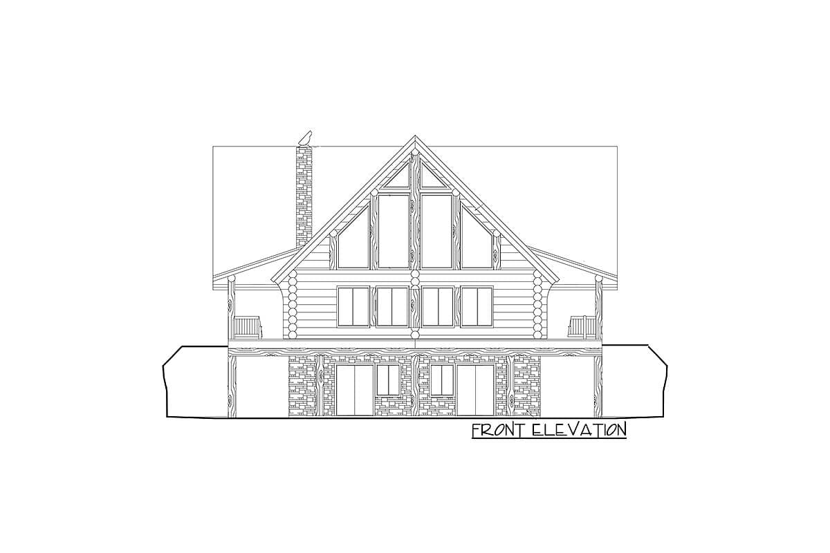 Front elevation drawing of a log home with a prominent gable, full-width porch, and stone foundation.